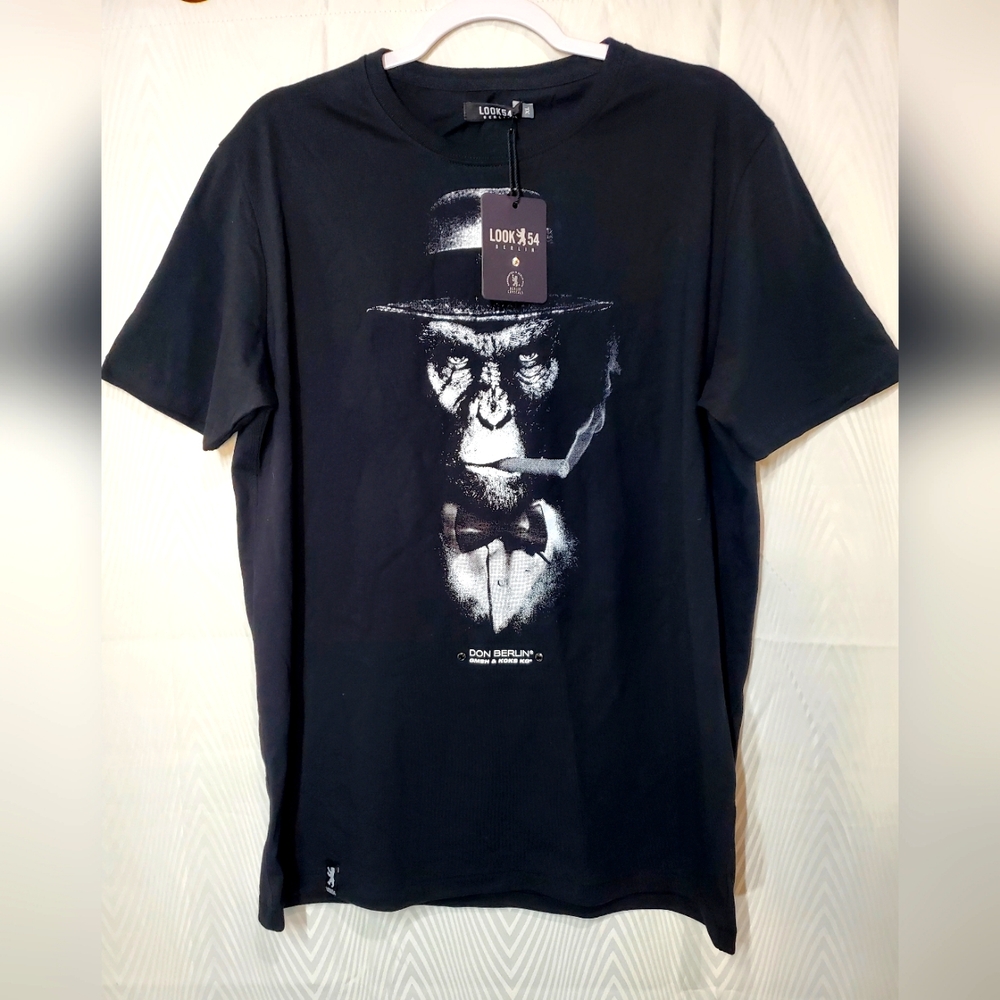 Look54 Berlin Mens Black & White Gangster Gorilla Print Short Sleeve Tshirt